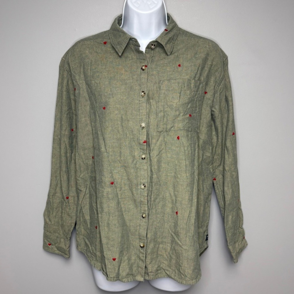 Toad & Co Sage Green Gorpcore Embroidered Heart Organic Cotton Button Up Sz S